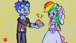 Size: 1249x720 | Tagged: safe, artist:annie korea, derpibooru import, rainbow dash, soarin', human, equestria girls, blushing, bride, clothes, dress, female, groom, image, jpeg, male, marriage, shipping, soarindash, straight, traditional art, wedding, wedding dress