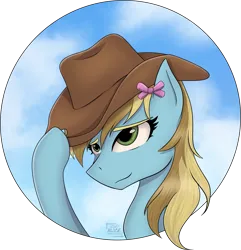 Size: 2031x2106 | Tagged: safe, artist:alicetriestodraw, derpibooru import, oc, oc:lucky bolt, unofficial characters only, pegasus, pony, bow, bust, commission, cowgirl, female, green eyes, hair bow, hat, hat tip, image, long mane, mare, pegasus oc, png, portrait, simple background, sky, smiling, solo, transparent background, wings