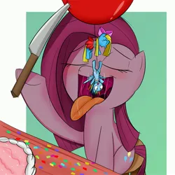 Size: 3000x3000 | Tagged: suggestive, artist:bestponies, derpibooru import, pinkie pie, rainbow dash, oc, oc:cuteamena, pony, balloon, blushing, cake, confetti, eyes closed, female, females only, food, happy, image, jpeg, knife, mare, mawshot, micro, not pinkie pie, open mouth, pinkamena diane pie, scared, table, tongue out, unwilling prey, vore, willing prey