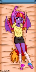 Size: 1152x2292 | Tagged: safe, artist:anibaruthecat, derpibooru import, oc, anthro, bat pony, pony, unguligrade anthro, arms in the air, bat pony oc, bat wings, bed, bra, bra strap, bracelet, clothes, coat markings, ear tufts, eyelashes, female, female oc, filly, foal, freckles, hooves, image, jewelry, kneesocks, looking at you, lying down, nail polish, on back, on bed, open mouth, png, red hair, shirt, skirt, socks, socks (coat marking), solo, striped socks, tail, two toned hair, two toned tail, underwear, wings