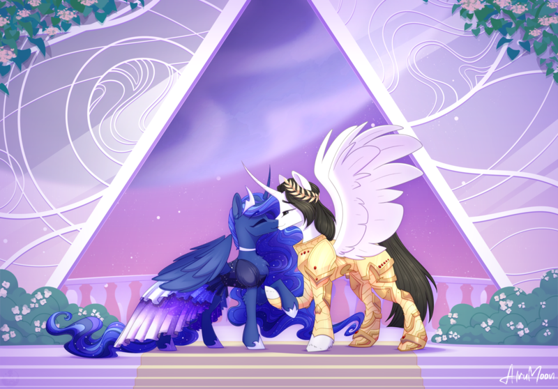 Size: 2841x1981 | Tagged: safe, artist:alrumoon_art, derpibooru import, princess luna, oc, alicorn, alicorn oc, armor, background, bush, clothes, dress, ethereal mane, eyebrows, eyebrows visible through hair, hoof hold, hoof shoes, horn, image, jewelry, kissing, png, princess shoes, spread wings, stairs, wings