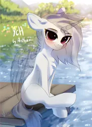 Size: 2300x3160 | Tagged: safe, artist:anku, derpibooru import, pony, auction, commission, female, image, lake, looking at you, mare, pier, png, sitting, solo, water, your character here