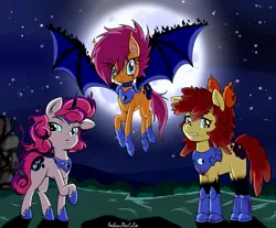 Size: 3629x3000 | Tagged: safe, artist:anibaruthecat, derpibooru import, part of a set, apple bloom, scootaloo, sweetie belle, bat pony, earth pony, pegasus, pony, unicorn, alternate timeline, armor, cutie mark crusaders, full moon, image, moon, night, night guard armor, nightmare takeover timeline, peytral, png