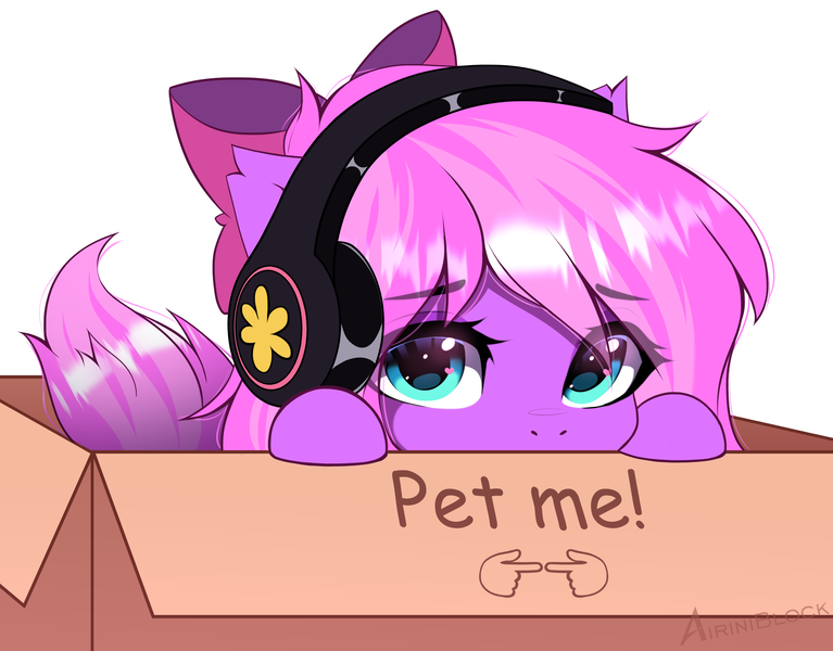 Size: 2773x2170 | Tagged: safe, alternate version, artist:airiniblock, derpibooru import, oc, oc:lillybit, unofficial characters only, earth pony, pony, box, cardboard box, commission, ear fluff, earth pony oc, fingers together, headphones, heart, heart eyes, image, looking at you, pet request, png, pony in a box, puppy dog eyes, simple background, solo, white background, wingding eyes, ych result, your character here