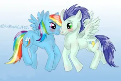 Size: 750x500 | Tagged: safe, artist:bluemoonwolf101, derpibooru import, rainbow dash, soarin', pegasus, pony, blushing, female, flying, image, jpeg, male, mare, shipping, soarindash, stallion, straight