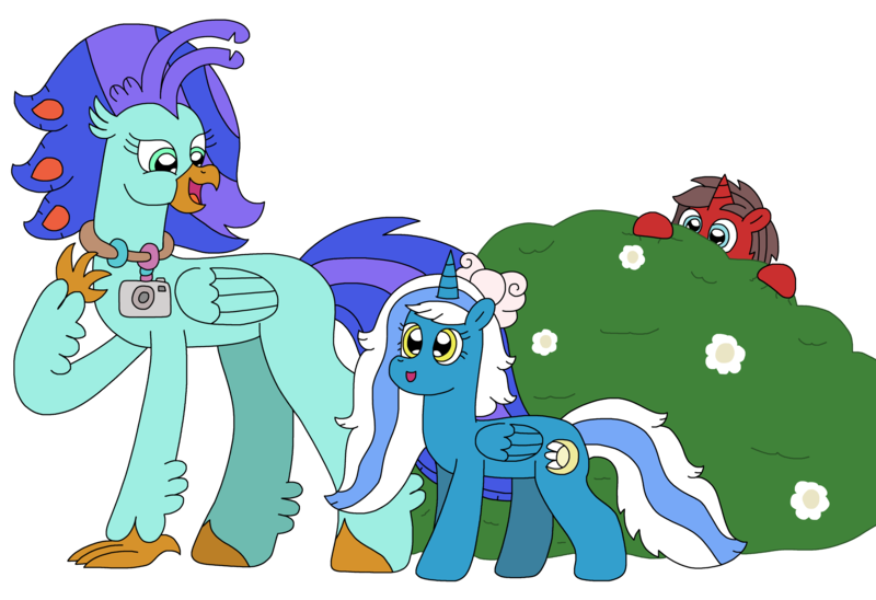 Size: 3028x2074 | Tagged: safe, artist:supahdonarudo, derpibooru import, oc, oc:fleurbelle, oc:ironyoshi, oc:sea lilly, unofficial characters only, alicorn, classical hippogriff, hippogriff, unicorn, bow, bush, camera, flower, hiding, image, jewelry, necklace, peeking, png, simple background, talking, transparent background