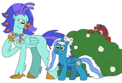 Size: 3028x2074 | Tagged: safe, artist:supahdonarudo, derpibooru import, oc, oc:fleurbelle, oc:ironyoshi, oc:sea lilly, unofficial characters only, alicorn, classical hippogriff, hippogriff, unicorn, bow, bush, camera, flower, hiding, image, jewelry, necklace, peeking, png, simple background, talking, transparent background