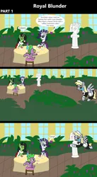 Size: 1920x3516 | Tagged: safe, artist:platinumdrop, derpibooru import, derpy hooves, princess platinum, rarity, spike, oc, oc:anonfilly, dragon, pegasus, pony, unicorn, comic:royal blunder, 3 panel comic, accident, alternate universe, bust, cake, cape, clothes, clumsy, comic, commission, crash, crown, derpy being derpy, dialogue, drink, drinking, duster, eating, faceplant, female, filly, flower, flying, foal, food, garden, gasp, gem, glow, glowing horn, horn, i just don't know what went wrong, image, indoors, jewelry, magic, maid, maid headdress, makeup, male, mare, monocle, mouth hold, open mouth, ouch, plants, png, princess, regalia, royal, royalty, shocked, sitting, speech bubble, spread wings, statue, surprised, table, tablecloth, talking, tea, tea party, teapot, telekinesis, uniform, vase, wall of tags, window, wings