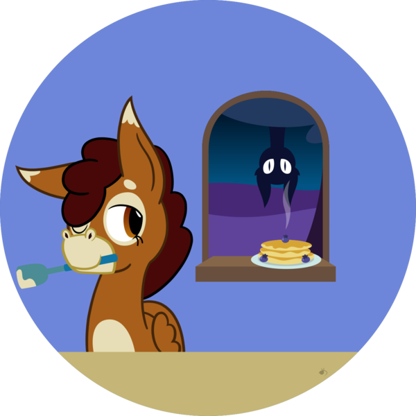 Size: 1348x1348 | Tagged: safe, artist:of-felt-and-cardboard, derpibooru import, oc, oc:flapjack, unofficial characters only, bat pony, hybrid, mule, background, bat pony oc, bat wings, food, fruit, glow, glowing eyes, image, male, newbie artist training grounds, night, pancakes, pegamule, png, shadow, spatula, window, wings