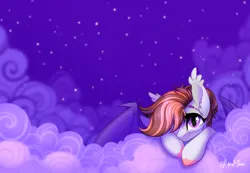 Size: 4961x3425 | Tagged: safe, artist:alrumoon_art, derpibooru import, oc, oc:alruna moonrise, unofficial characters only, bat pony, pony, background, cloud, cute, ear fluff, female, image, looking at you, mare, png, smiling, smiling at you, stars