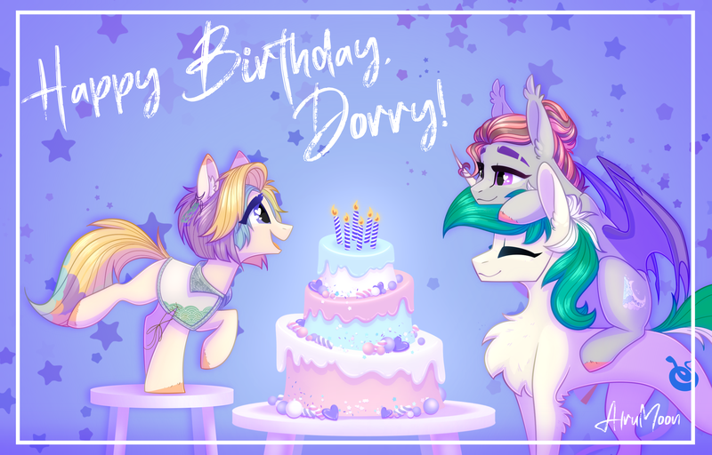 Size: 2608x1668 | Tagged: safe, artist:alrumoon_art, derpibooru import, oc, oc:alruna moonrise, unofficial characters only, bat pony, earth pony, unicorn, abstract background, birthday cake, cake, candle, eyes closed, food, heart, heart eyes, image, looking at each other, looking at someone, png, wingding eyes