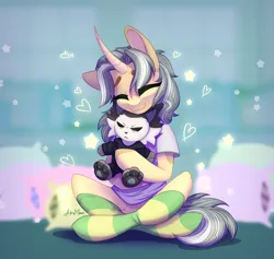 Size: 2911x2756 | Tagged: safe, artist:alrumoon_art, derpibooru import, oc, unofficial characters only, background, clothes, curved horn, eyebrows, eyes closed, heart, horn, image, pillow, plushie, png, shirt, smiling, socks, striped socks, t-shirt