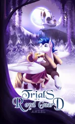 Size: 622x1024 | Tagged: safe, artist:magicarin, derpibooru import, oc, oc:crystal wishes, oc:silent knight, unofficial characters only, pegasus, unicorn, fanfic, canterlot castle, fanfic art, fanfic cover, image, jpeg, moon, night, snow, tree, winter