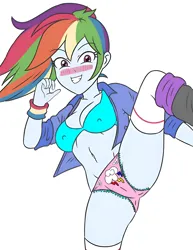 Size: 2160x2800 | Tagged: suggestive, artist:sumin6301, derpibooru import, rainbow dash, human, equestria girls, ass, belly button, blushing, blushing profusely, boots, bowtie panties, bowties, bra, breasts, busty rainbow dash, butt, cameltoe, cleavage, clothes, cutie mark, cutie mark on clothes, cutie mark on panties, cutie mark panties, cutie mark underwear, excited, eyebrows, eyebrows visible through hair, female, frill panties, frilly underwear, image, jacket, kicking, light blue bra, looking at you, nipples, nudity, panties, pink panties, pink underwear, png, ponytail, shoes, simple background, smiling, smiling at you, socks, solo, solo female, spread legs, spreading, standing, standing on one leg, stupid sexy rainbow dash, underwear, white background, white socks
