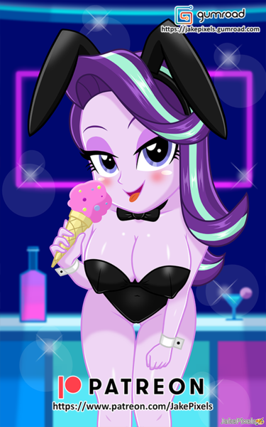 Size: 606x970 | Tagged: suggestive, artist:jakepixels, derpibooru import, starlight glimmer, human, equestria girls, blushing, breasts, bunny ears, bunny suit, busty starlight glimmer, clothes, female, food, gumroad, gumroad logo, ice cream, image, looking at you, patreon, patreon logo, playboy bunny starlight glimmer, png, sexy, solo, solo female, stupid sexy starlight glimmer