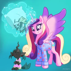 Size: 2048x2045 | Tagged: safe, artist:pfeffaroo, derpibooru import, princess cadance, queen chrysalis, alicorn, nymph, pony, clothes, duo, female, filly, filly queen chrysalis, image, jpeg, pillow, younger