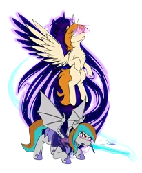 Size: 7000x8500 | Tagged: safe, artist:dacaoo, derpibooru import, oc, oc:copper moon, oc:silver star, alicorn, bat pony, armor, image, png, simple background, sword, transparent background, weapon, wings
