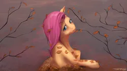 Size: 1920x1080 | Tagged: safe, artist:nettrip, derpibooru import, fluttershy, pegasus, pony, autumn, autumn leaves, image, jpeg, leaf, leaves, pile of leaves, sad, solo, tree