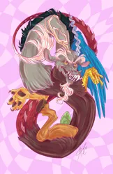 Size: 3300x5100 | Tagged: safe, artist:ashley-the-muffin, derpibooru import, discord, draconequus, abstract background, antlers, eyebrows, horn, image, long nails, male, pink background, png, sharp nails, sharp teeth, signature, simple background, snaggletooth, solo, teeth, thick eyebrows