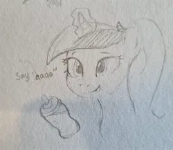 Size: 2048x1775 | Tagged: safe, artist:edrian, derpibooru import, princess cadance, pony, baby bottle, image, jpeg, sketch, solo, traditional art