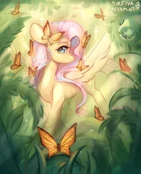 Size: 2320x2855 | Tagged: safe, artist:sirfiyanyamur, derpibooru import, fluttershy, butterfly, insect, pegasus, pony, female, image, mare, plant, png, signature, solo