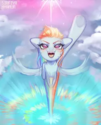 Size: 1160x1427 | Tagged: safe, artist:sirfiyanyamur, derpibooru import, rainbow dash, pegasus, pony, cloud, female, image, jpeg, mare, open mouth, open smile, rainbow trail, raised hoof, signature, sky, smiling, solo, sonic rainboom, sun