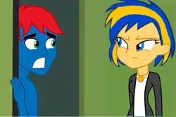 Size: 915x609 | Tagged: safe, artist:mlpfan3991, derpibooru import, oc, oc:flare spark, oc:train track, unofficial characters only, human, equestria girls, equestria girls (movie), clothes, female, image, jewelry, jpeg, lockers, male, necklace, no clothes