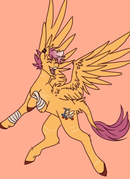 Size: 934x1280 | Tagged: safe, alternate version, artist:ask-trans-scoots, derpibooru import, scootaloo, pegasus, pony, alternate cutie mark, bandage, image, jpeg, male, orange background, scar, self harm, self harm scars, simple background, smiling, solo, spread wings, teenager, trans male, transgender, tumblr:ask trans scootaloo, wings