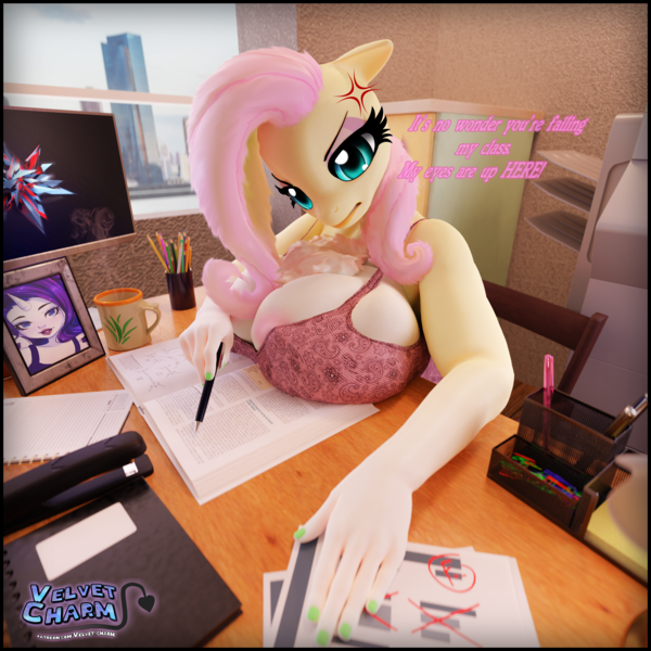 Size: 3840x3840 | Tagged: questionable, artist:velvetcharm, derpibooru import, fluttershy, rarity, anthro, pegasus, unicorn, 3d, angry, angry eyes, big breasts, blender, blender cycles, blurry background, book, breasts, busty fluttershy, chair, chest fluff, city, classroom, clothes, coffee mug, cross-popping veins, detailed hair, dialogue, dress, emanata, exposed breasts, female, g4, homework, horn, image, lamp, monitor, mug, nipple slip, nipples, notebook, nudity, office chair, offscreen character, onomatopoeia, open book, painted nails, paperwork, pen, photo frame, png, pov, printer, solo, solo female, stapler, symbol, talking to viewer, teacher, tight clothing, unicorn horn, wardrobe malfunction, wingding eyes