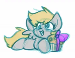 Size: 1121x866 | Tagged: safe, artist:zutcha, derpibooru import, derpy hooves, pegasus, pony, colored sketch, cute, derpabetes, female, food, hoof hold, image, jpeg, lying down, mare, missing cutie mark, muffin, open mouth, open smile, prone, simple background, sketch, smiling, solo, sploot, spread wings, white background, wings