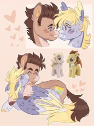 Size: 1368x1824 | Tagged: safe, artist:wanderingpegasus, derpibooru import, derpy hooves, doctor whooves, time turner, earth pony, pegasus, pony, blushing, cute, derpabetes, doctorderpy, duo, eyes closed, female, grin, image, jpeg, kiss on the cheek, kissing, lying down, male, mare, markings, nuzzling, plushie, prone, redesign, shipping, smiling, stallion, straight, unshorn fetlocks