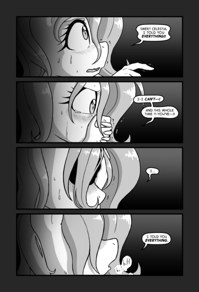 Size: 1069x1564 | Tagged: suggestive, artist:ketirz, derpibooru import, fluttershy, anthro, pony, comic:hare moon, black and white, blushing, close-up, comic, dark room, dialogue, female, grayscale, heavy breathing, image, implied angel bunny, looking down, looking up, male, mare, messy hair, messy mane, monochrome, night, png, profile, reaction, sequence, solo, solo female, speech bubble, sweat, wide eyes