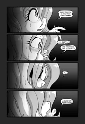 Size: 1069x1564 | Tagged: suggestive, artist:ketirz, derpibooru import, fluttershy, anthro, pony, comic:hare moon, black and white, blushing, close-up, comic, dark room, dialogue, female, grayscale, heavy breathing, image, implied angel bunny, looking down, looking up, male, mare, messy hair, messy mane, monochrome, night, png, profile, reaction, sequence, solo, solo female, speech bubble, sweat, wide eyes
