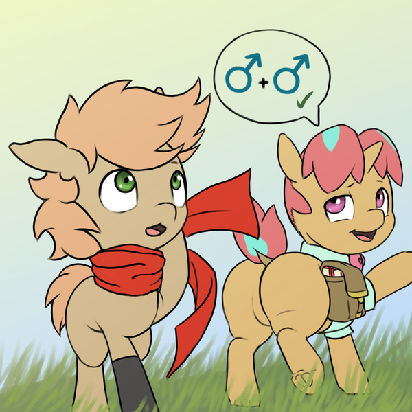 Size: 2048x2048 | Tagged: safe, artist:multiverseequine, derpibooru import, oc, oc:himmel, oc:melon pouf, unofficial characters only, earth pony, pony, unicorn, bag, butt, chubby, clothes, colored, colt, derpibooru exclusive, duo, earth pony oc, foal, gay, gloves, gradient background, grass, high res, horn, image, looking back, looking up, male, male symbol, multicolored hair, outdoors, plot, png, raised tail, saddle bag, scarf, short tail, smiling, speech bubble, tail, two toned mane, unicorn oc