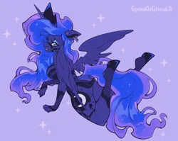 Size: 2118x1690 | Tagged: suggestive, artist:spookieghoulie, artist:spookielee, derpibooru import, princess luna, alicorn, anthro, unguligrade anthro, ass, bra, breasts, butt, clothes, ear piercing, earring, eyeshadow, female, halter, horn, image, jewelry, lavender background, lingerie, looking at you, looking back, looking back at you, makeup, moonbutt, panties, piercing, png, regalia, simple background, socks, solo, solo female, spread wings, stockings, sultry pose, tack, thigh highs, tiara, underwear, wings