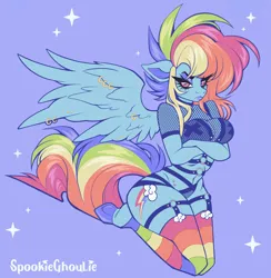 Size: 1898x1941 | Tagged: suggestive, artist:spookieghoulie, derpibooru import, rainbow dash, anthro, pegasus, unguligrade anthro, alternate hairstyle, arm under breasts, belly button, breasts, busty rainbow dash, cleavage, clothes, crossed arms, eyeshadow, female, fishnet clothing, glare, image, kneeling, legs together, lingerie, lipstick, looking at you, makeup, nipple tape, pasties, piercing, png, rainbow socks, simple background, socks, solo, solo female, striped socks, thigh highs, wing piercing, wings