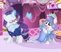Size: 4816x4152 | Tagged: safe, artist:doraeartdreams-aspy, derpibooru import, princess flurry heart, rarity, alicorn, pony, unicorn, base used, carousel boutique, crown, crystal heart, duo, duo female, eyes closed, female, glasses, image, jewelry, mare, older, older flurry heart, older rarity, png, regalia