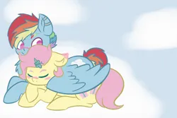 Size: 4134x2756 | Tagged: safe, artist:bluedslite, derpibooru import, fluttershy, rainbow dash, pegasus, pony, chest fluff, cloud, colored eyebrows, duo, duo female, eyebrows, eyes closed, female, flutterdash, g4, high res, hug, image, lesbian, lying down, mare, on a cloud, png, prone, shipping, sky, sleeping, smiling, wing blanket, winghug, wings