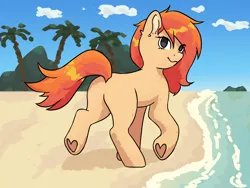 Size: 3087x2317 | Tagged: safe, artist:svatya, derpibooru import, oc, oc:shimmer, unofficial characters only, earth pony, pony, beach, colored, cute, ear fluff, female, head tilt, image, jpeg, looking at you, smiling, smiling at you, solo, solo female, water