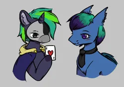 Size: 1084x765 | Tagged: safe, artist:svatya, derpibooru import, oc, oc:oko, unofficial characters only, bat pony, pony, unicorn, blushing, bust, card, clothes, coat, duo, duo male and female, ear fluff, female, flirting, image, jpeg, male, mare, mask, necktie, playing card, pony oc, simple background, smiling, stallion