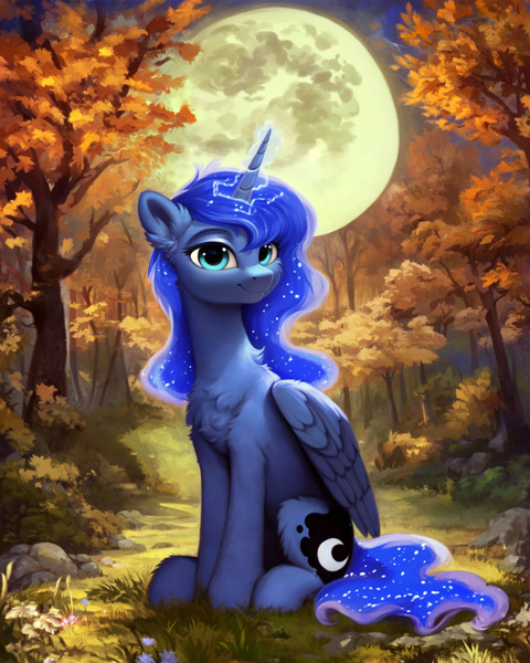 Size: 2048x2560 | Tagged: safe, artist:nightluna, derpibooru import, editor:nightluna, machine learning assisted, princess luna, alicorn, pony, ai content, cheek fluff, chest fluff, cute, ear fluff, female, folded wings, forest, full body, full moon, glow, glowing horn, horn, image, jpeg, leg fluff, looking at you, lunabetes, magic, mare, moon, moonlight, outdoors, raising the moon, sitting, sky, smiling, smiling at you, solo, tree, wings