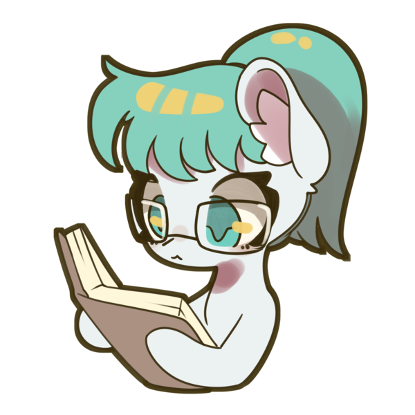 Size: 2125x2125 | Tagged: safe, artist:bloodatius, derpibooru import, oc, oc:lucid mirage, pony, book, bust, commissioner:dhs, cute, ear fluff, emote, expression, female, glasses, hairband, image, mare, png, ponytail, reading, solo