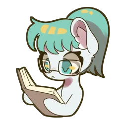 Size: 2125x2125 | Tagged: safe, artist:bloodatius, derpibooru import, oc, oc:lucid mirage, pony, book, bust, commissioner:dhs, cute, ear fluff, emote, expression, female, glasses, hairband, image, mare, png, ponytail, reading, solo