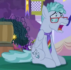 Size: 830x820 | Tagged: safe, derpibooru import, screencap, feather flatterfly, pegasus, pony, the summer sun setback, cropped, disbelief, glasses, image, jaw drop, jpeg, male, necktie, open mouth, sitting, solo, stallion