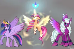 Size: 1538x1011 | Tagged: safe, artist:petaltwinkle, derpibooru import, sunny starscout, twilight sparkle, twilight sparkle (alicorn), alicorn, earth pony, pony, g5, my little pony: a new generation, artificial horn, artificial wings, augmented, blank eyes, crown, crystal, earth pony crystal, female, floating, glow, glowing eyes, gray background, horn, image, jewelry, jpeg, magic, magic horn, magic wings, mare, opaline arcana, pegasus crystal, race swap, regalia, simple background, spread wings, sunnycorn, trio, unicorn crystal, unity crystals, wings