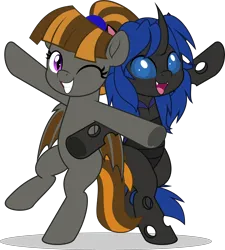 Size: 5000x5551 | Tagged: safe, artist:jhayarr23, derpibooru import, oc, oc:mythic dawn, oc:swift dawn, unofficial characters only, bat pony, changeling, pony, absurd resolution, bat eyes, bat pony oc, bat wings, blue changeling, blue eyes, brother and sister, changeling oc, commission, cute, cuteling, duo, eyelashes, fangs, female, frog (hoof), gritted teeth, hair tie, hooves out, horn, image, looking at you, male, mare, ocbetes, one eye closed, open mouth, png, ponytail, pose, purple eyes, shadow, siblings, simple background, smiling, standing on two hooves, tail, teeth, transparent background, underhoof, wings, wink, ych result