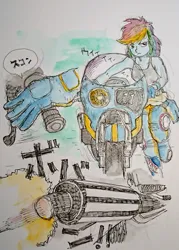 Size: 1588x2223 | Tagged: safe, artist:daisymane, derpibooru import, rainbow dash, human, equestria girls, clothes, female, gloves, handlebars, image, japanese, jpeg, katakana, moon runes, motorcycle, onomatopoeia, solo, tail pipe, traditional art