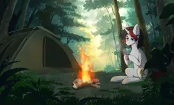Size: 2480x1499 | Tagged: safe, artist:glumarkoj, derpibooru import, oc, oc:starforce fireline, unicorn, calm, campfire, camping, cup, day, drink, forest, image, looking down, nature, png, sitting, smiling, tent, tree, two toned mane, white coat