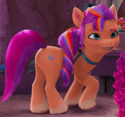 Size: 880x824 | Tagged: safe, derpibooru import, screencap, sunny starscout, earth pony, pony, g5, my little pony: make your mark, spoiler:g5, spoiler:my little pony: make your mark, spoiler:my little pony: make your mark chapter 5, spoiler:mymc05e02, animated, butt shake, cropped, cute, family trees, female, gif, image, mane stripe sunny, mare, my little pony: make your mark chapter 5, night market, sunny starbutt, sunnybetes, talking