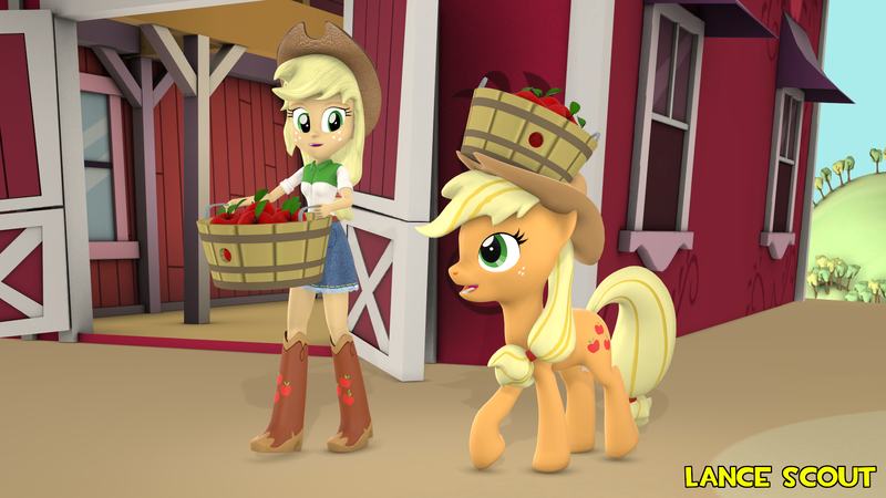 Size: 1920x1080 | Tagged: safe, artist:lance-pizon, derpibooru import, applejack, earth pony, human, pony, equestria girls, 3d, apple, female, food, image, png, remake, source filmmaker, sweet apple acres, watermark